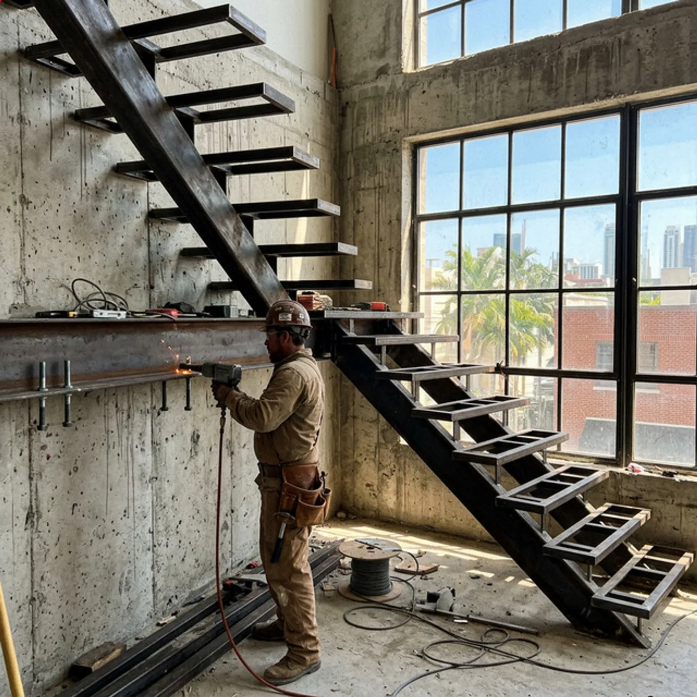 Industrial Steel Beam Floating Stair Fabrication in Palm Beach, FL